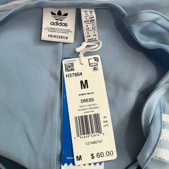NEW ADIDAS BLUE TANK DRESS MEDIUM H37804 SATIN MINI SPAGHETTI STRAP WHITE NWT - Picture 5 of 7